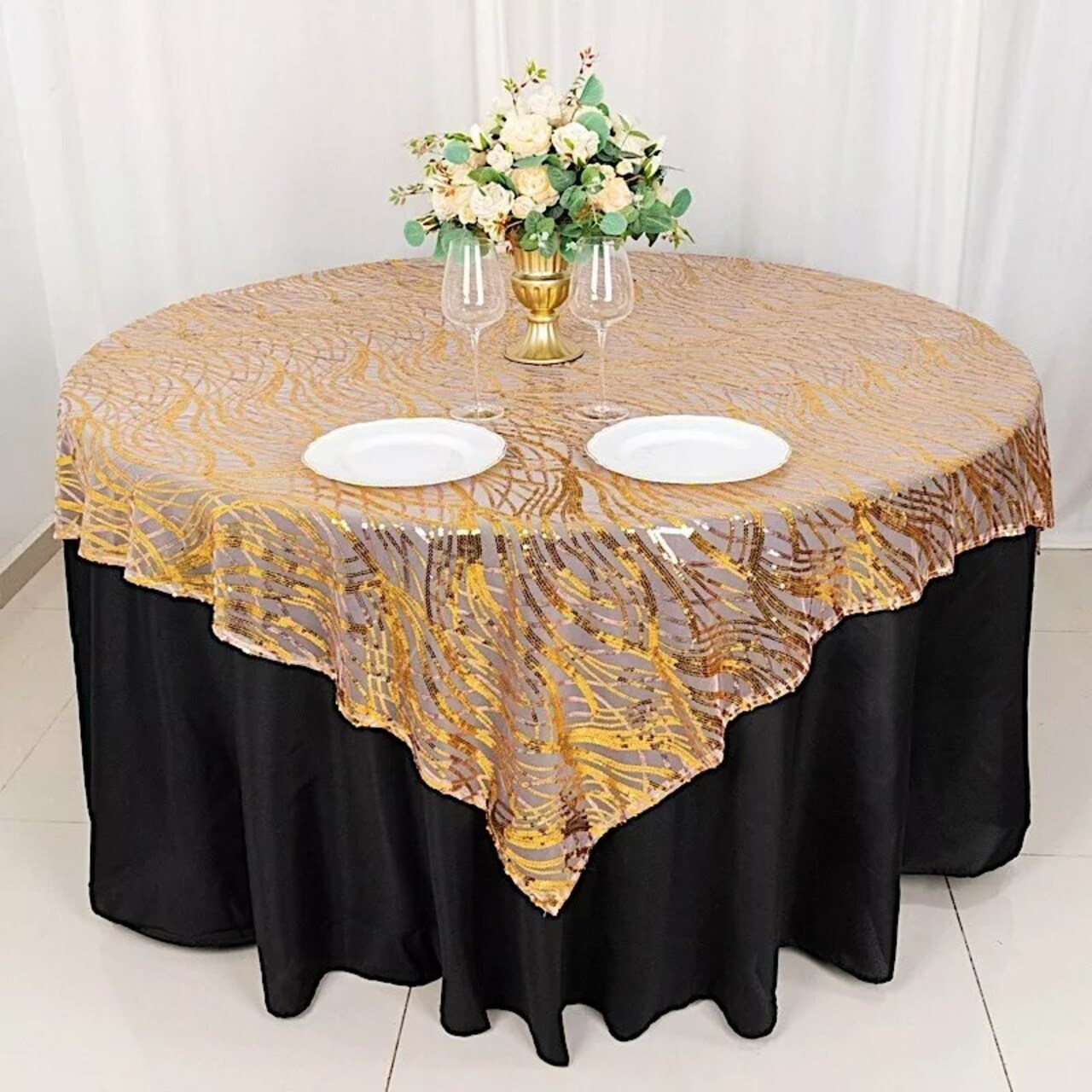 72" x 72" ROSE GOLD Tulle Square Table Overlay Wavy Embroidered Sequins